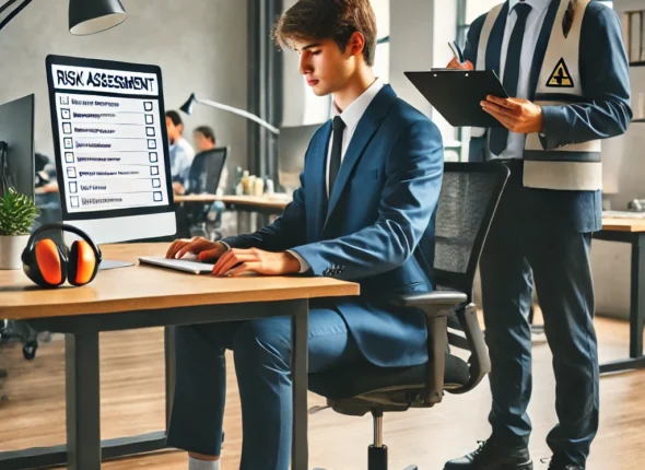 DALL·E 2025-01-31 12.08.34 - A young worker at an office workstation undergoing a risk assessment. The scene includes an ergonomic desk setup with a computer, an adjustable chair,