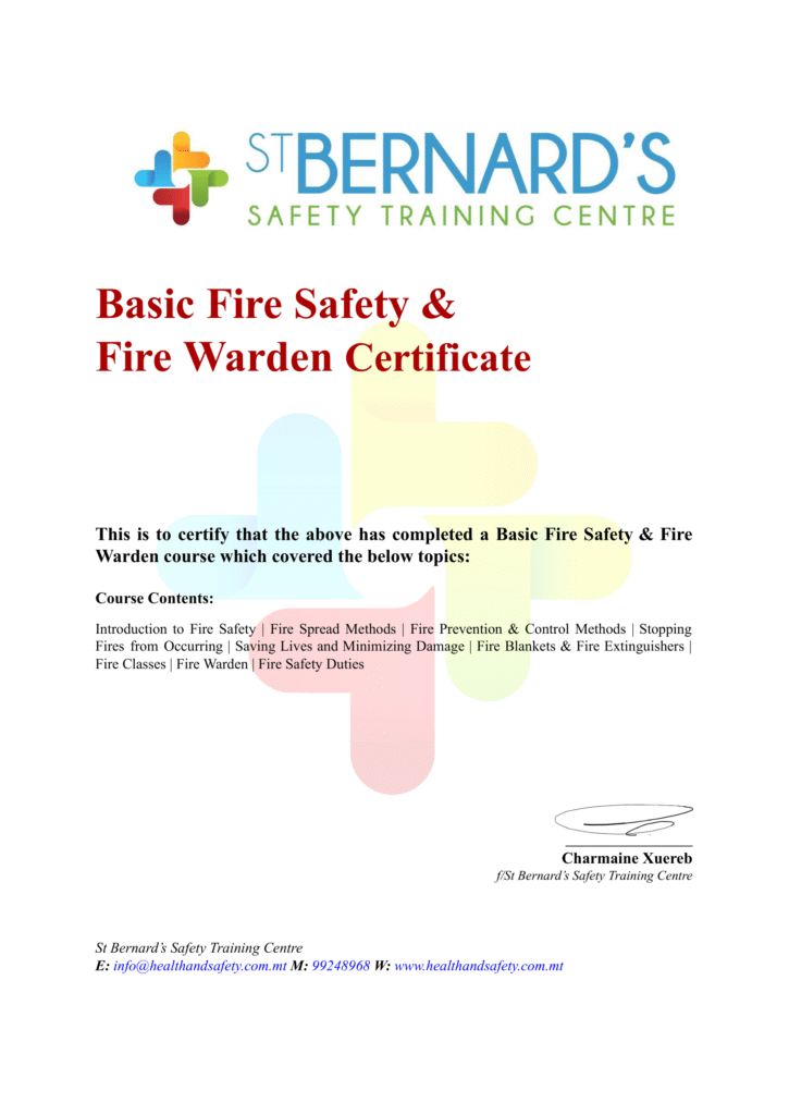 Basic Fire & Warden Certificate-1 - St. Bernard's Health and Safety ...